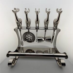 Vintage Neiman Marcus Reindeer Bar Tool Set 5 Piece Cocktail Set With Stand EUC